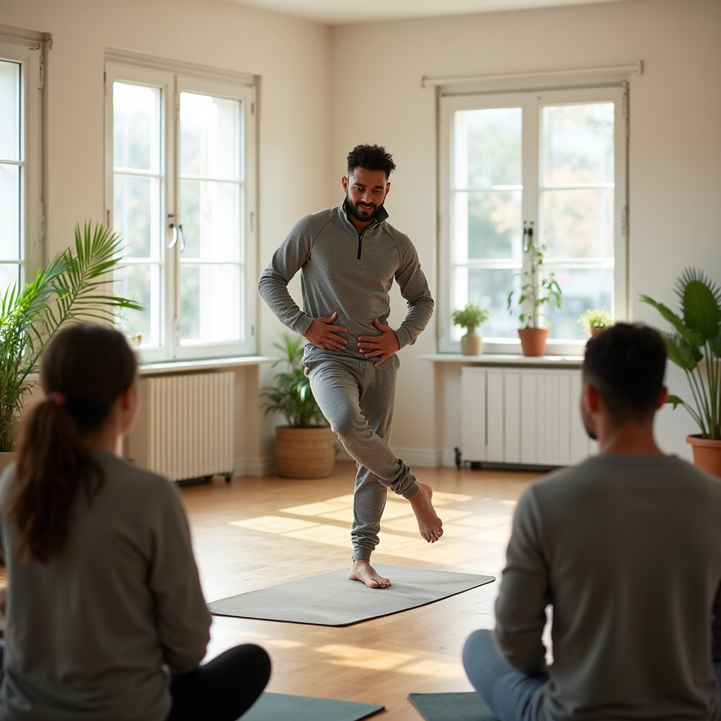 Instructor guiding a small group through a movement quality demonstration
