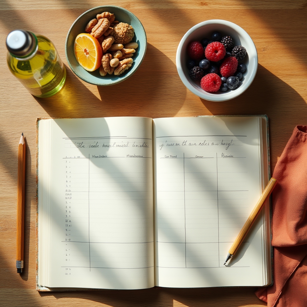 Notebook and simple meal planning materials laid out for a nutrition awareness session